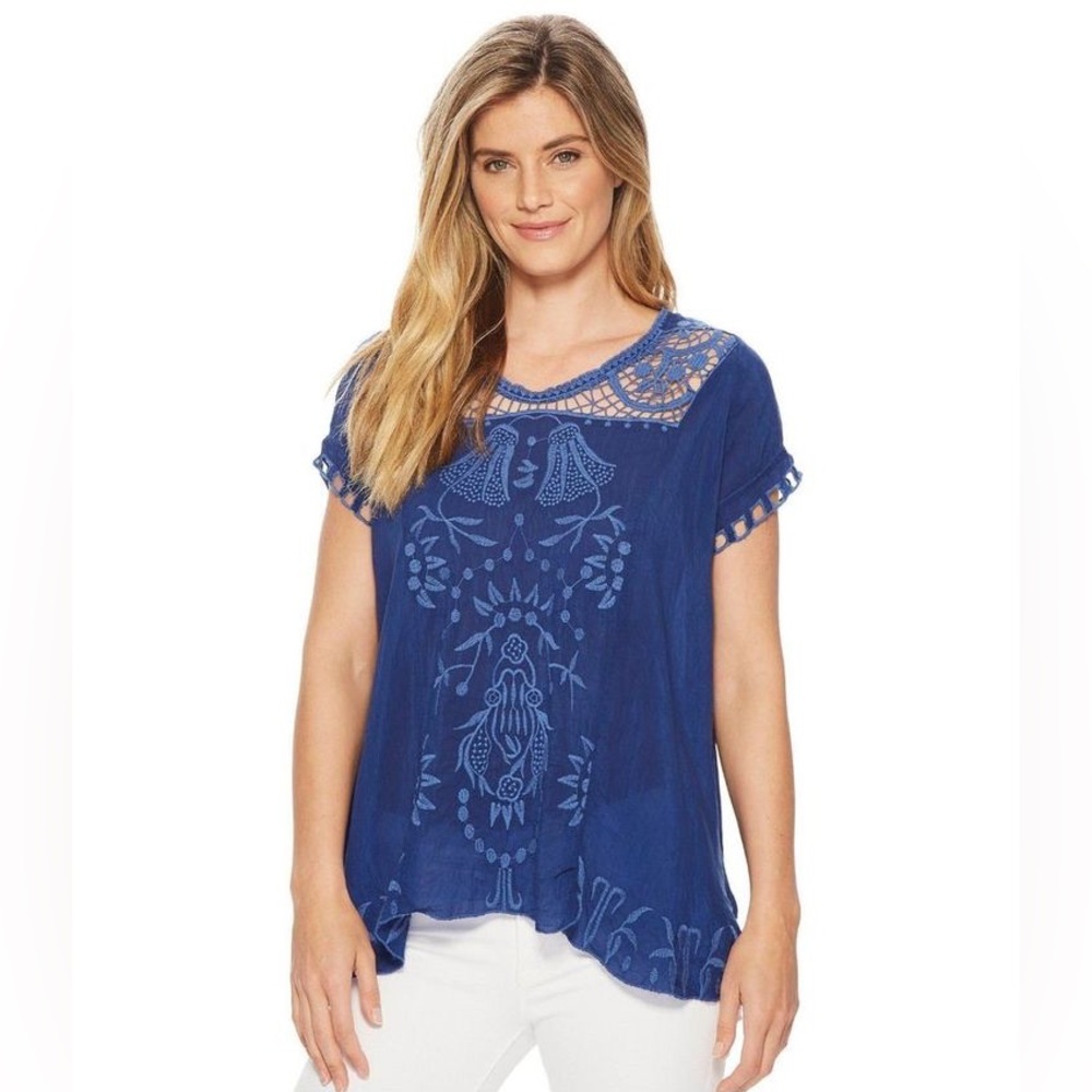 JOHNNY WAS Melrose Embroidered Top in Blue Night